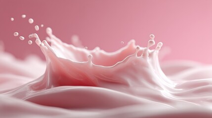 A splash of pink liquid creates a crown shape against a soft pink background. The scene conveys a sense of freshness and fluidity.