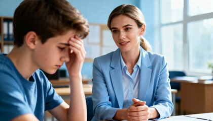 Obraz premium empathetic school counselor supporting stressed teenage boy in classroom setting