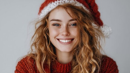 Smiling young woman with curly blond hair wearing a red sweater and a festive Santa hat. She has a cheerful expression against a neutral background.