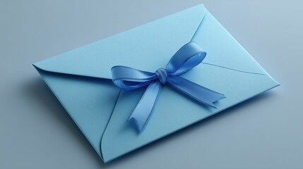 A blue envelope with a ribbon bow on a light blue background. The envelope is closed and has a textured surface, suitable for invitations or greeting cards.