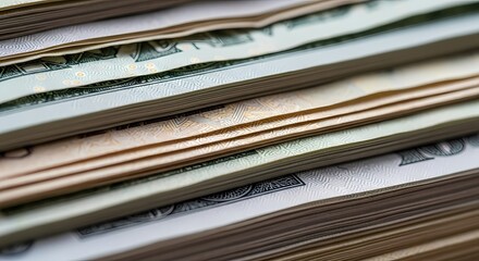 Close up of a stack of US Dollar Bills showing multiple denominations and textures representing wealth and financial transactions