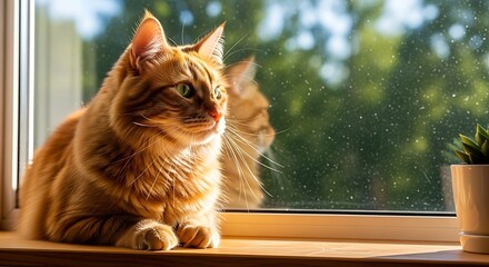 Ginger cat basking in sunlight on a windowsill, looking out.