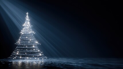 A glowing Christmas tree adorned with lights stands in a dark space. Soft rays of light illuminate the scene, creating a festive atmosphere.