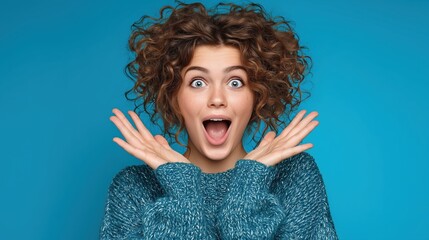 Young Caucasian woman with curly hair expresses excitement. She wears a blue sweater and has a joyful expression against a blue background.