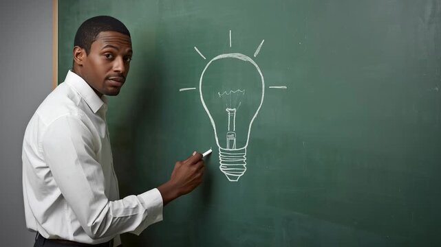 Selecting chalk teacher drawing lightbulb on classroom chalkboard, illustrating concept, copy space