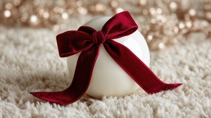 A white Christmas ornament with a red velvet bow sits on a soft, textured surface. The background features blurred golden lights, creating a festive atmosphere.