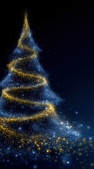 A glowing Christmas tree made of sparkling lights in blue and gold colors against a dark background. The tree has a spiral design with shimmering effects.