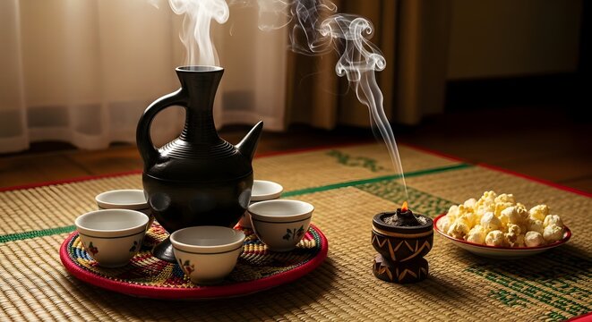 Traditional Ethiopian coffee ceremony with jebena pot, incense burner, and serving cups on woven mat (Ethiopian Cuisine)
