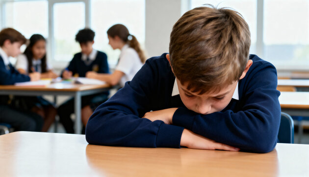 young boy looking sad and isolated at school desk with classmates in blurred background