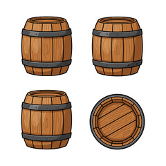 Wooden barrels set showing top view cartoon style