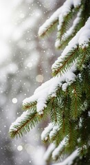 snow-covered pine tree branches with falling snowflakes in a serene winter forest scene