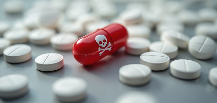 Red capsule with skull icon lies among white tablets. Pharmaceutical hazard symbolizes danger. Deadly drug threat in health care, overdose risk.