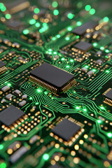Fototapeta premium Close-up View of Electronic Circuit Board with Green LEDs and Microchips in Modern Technology