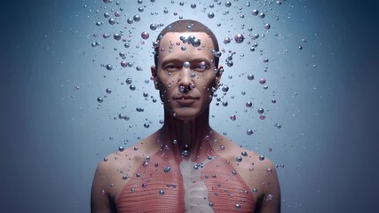 Colored spheres falling around CGI anatomical bust, swirling into halo on blue backdrop - Powered by Adobe