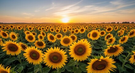 Fototapeta premium Sunflower field at sunset floral landscape agriculture scenic