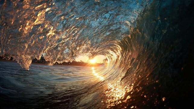 Ocean wave breaking at sunset