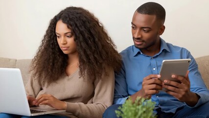 Entering living room and sitting on beige couch, couple placing laptop and tapping tablet to work - Powered by Adobe
