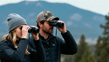 couple exploring natural landscape with binoculars on a chilly day in the mountains