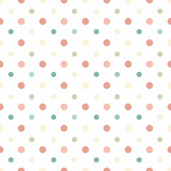 A seamless pattern of pastel-colored polka dots on a white background, creating a playful and cheerful design.