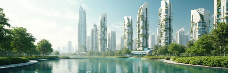 Futuristic urban landscape shows modern white skyscrapers. Buildings vertical green gardens, eco-friendly design. Calm water body reflects smart city. Trees, green bushes line banks. Innovative