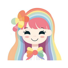 Smiling Girl with Rainbow Hair on White Background