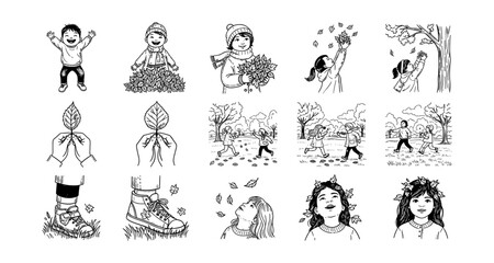 Obraz premium Children enjoying autumn: black and white sketches of playful outdoor scenes