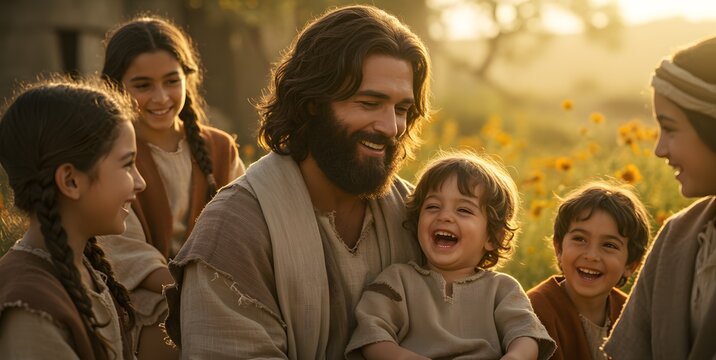 Joyful moment with Jesus Christ surrounded by happy children laughing in a golden field bathed in sunlight