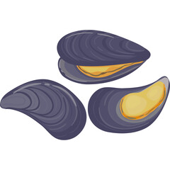 Three Mussels Shells with Yellow Interior on a Transparent Background Pixel Art Style