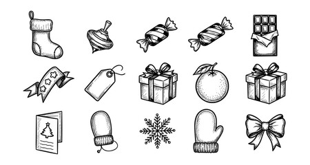 Hand drawn christmas icons: gifts, sweets, mittens, decorations in vintage style