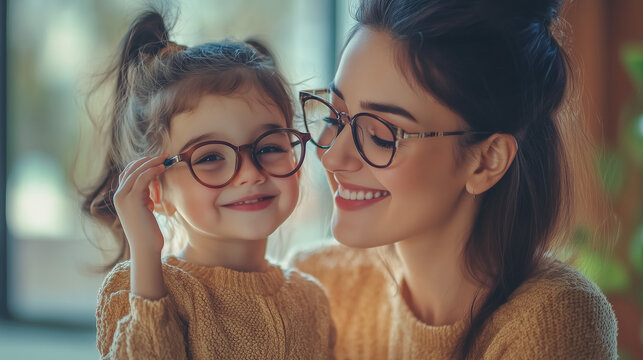 Mother helps her daughter try on glasses. - Powered by Adobe