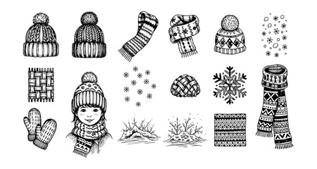 Winter apparel and snowflakes hand drawn collection