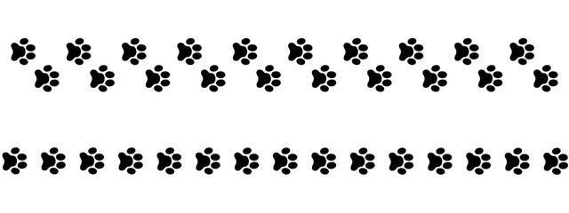 Straight trail of wet or mud pawprints of dog or cat, puppy or kitty. Borders with black paw silhouettes. Steps of running or walking animal isolated on white background. Vector graphic illustration.