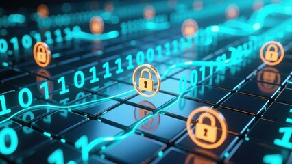 A rows of glowing binary digits with padlock icons showing data flow and system protection, data encryption concept, email security and protection concept