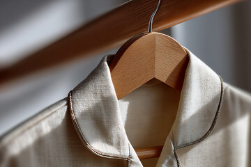 Elegant cream-colored blouse gracefully hanging from a light wood hanger. Natural light highlights its texture and design, simple wardrobe choice for the day. Wardrobe details.