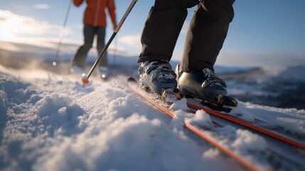 During a ski lesson, an instructor demonstrates skis and goggles to beginners, the skis' fiberglass sleek and edged, bindings adjusted with metal screws, and the goggles' strap fitted over helmets,
