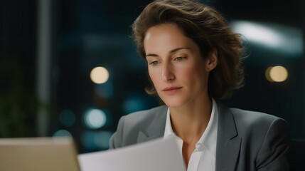 Corporate lawyer reviewing complex merger and acquisition contracts in a legal department, showing serious concentration, symbolizing corporate compliance, business negotiations, legal advisory