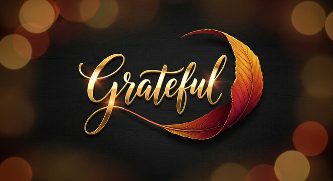Golden word "Grateful" and autumnal leaf on dark backdrop with bokeh lights, embodying thankfulness, abundance, perfect for seasonal themes