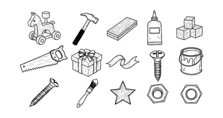 Hand-drawn tools and objects collection: hammer, glue, wood, and more in black and white