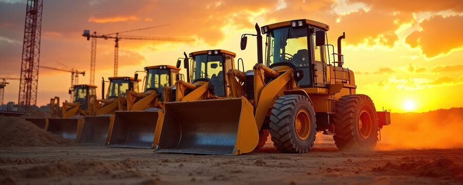 Yellow heavy machines with large buckets lined up at construction site. Industrial vehicles wait for work on dusty ground at sunset. Tower cranes stand tall in evening sky, ready for building.