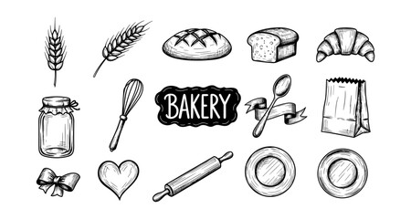 Hand drawn bakery elements with bread, croissants, and utensils