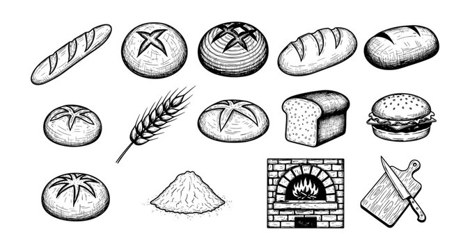 Hand drawn bread and bakery icons set featuring rustic and artisan elements