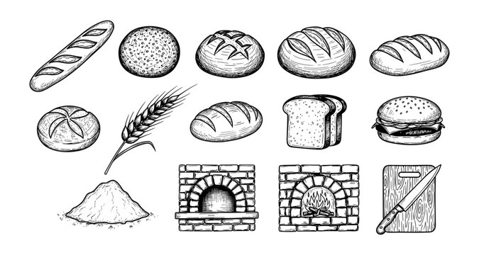 Hand drawn bakery elements set with bread, flour, and oven illustrations