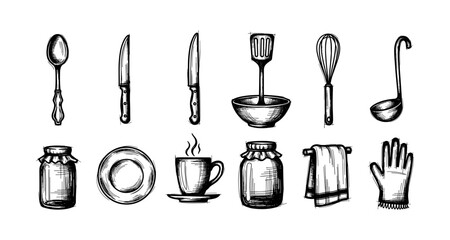 Hand drawn kitchen utensils set: vintage cooking tools and accessories