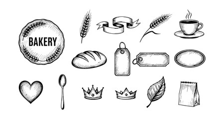 Hand-drawn bakery icons with bread, coffee, and decorative elements