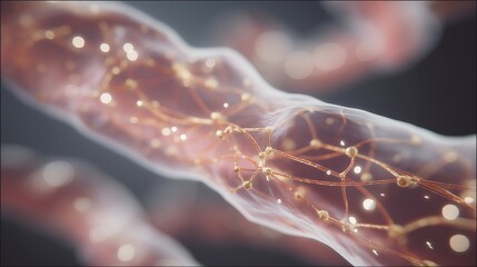 Close-up visualization of a transparent biological membrane with visible nucleus and thin filament structures, representing genetic material organization, cell biology education, and medical