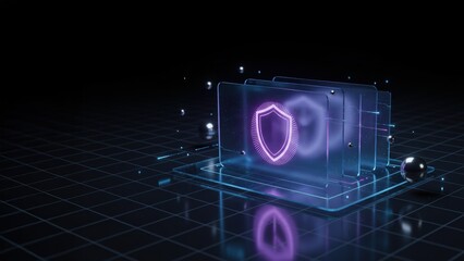 A glowing glass panels with neon shield icon showing futuristic digital protection, email encryption symbols concept, email security and protection concept