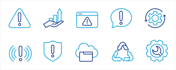 Set of warning and alert line icons including exclamation mark, error message, notification bell, shield, and security alert, vector illustration isolated