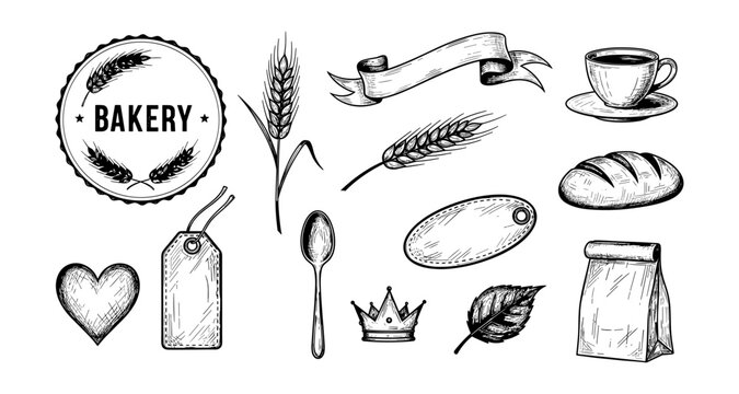 Vintage bakery elements with rustic accessories and grain sketches