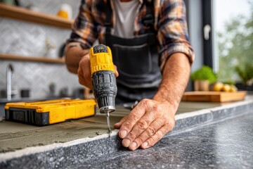 A worker using a drill to secure a new countertop or tile in a modern kitchen setting.