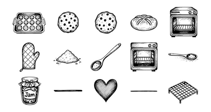 Vintage baking elements: hand drawn bread, ovens, and cooking tools